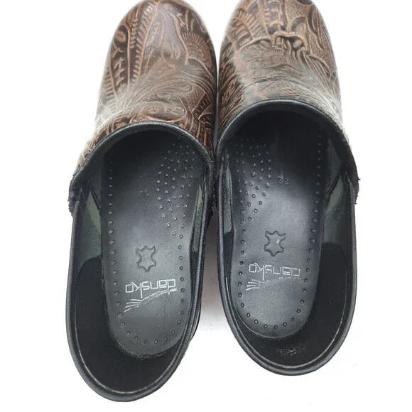 Dansko Womens Professional Clogs Sz 38 7.5-8 Brown Leather Floral Tooled Etched - Picture 6 of 9